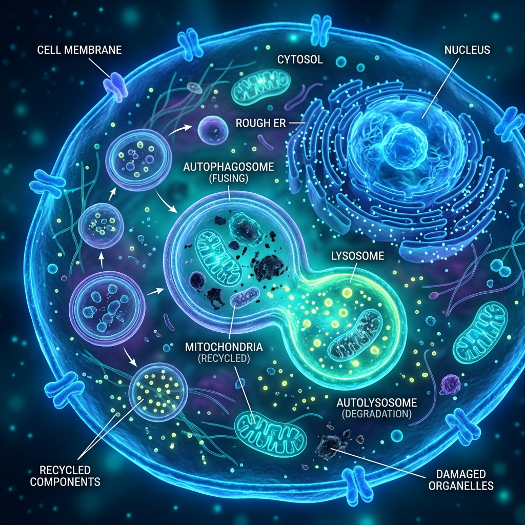 Représentation de l'autophagie cellulaire — processus activé par l'inhibition de mTOR et qui contribue au renouvellement cellulaire