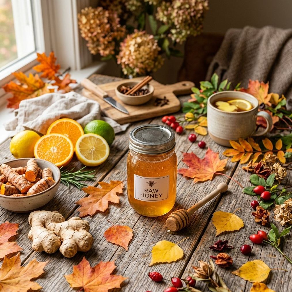 Feuilles d'automne dorées sur une branche, symbolisant le raccourcissement des jours et le changement de saison